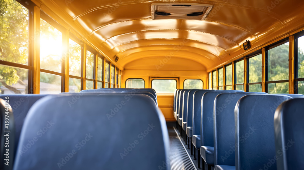 Fototapeta premium Empty school bus interior with sunlit rows of blue seats in the morning