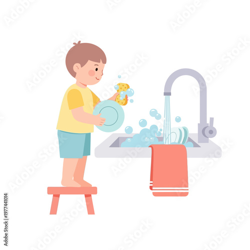 Boy washing dishes at sink, learning responsibility, helpful child chore illustration
