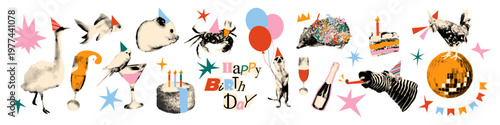 Happy birthday halftone art collage cut outs set. Fun stickers with vintage dot texture and doodles, animals wearing party hats, champagne, cheers and cake Modern retro mixed media vector illustration