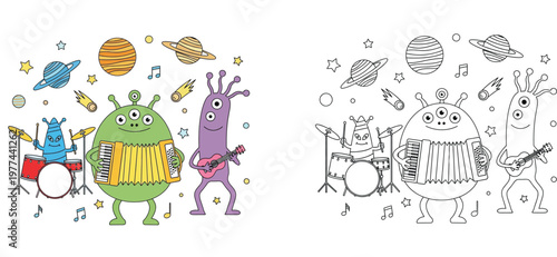 Cute Alien Musical Band Playing Drums Accordion and Guitar in Space Vector Illustration and Line Art Coloring Page for Kids Educational Science Fiction Fun Activity