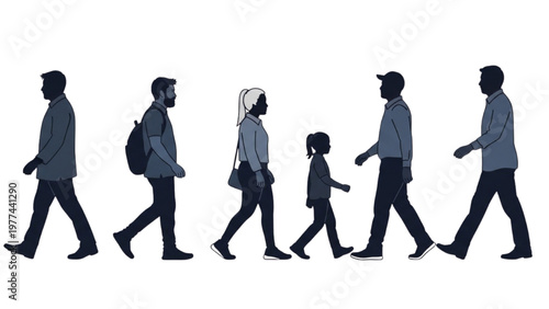 People walking in line vector CAD silhouettes on white background
