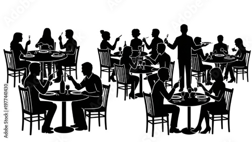 People dine at a busy restaurant with vector CAD illustrations