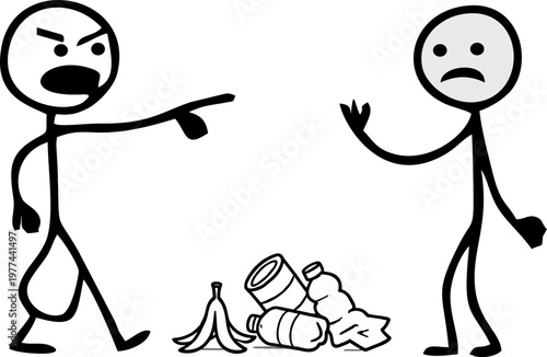 Angrily pointing at another stick figure who has just thrown trash on the ground