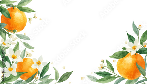 Watercolor Citrus Border Featuring Ripe Oranges White Jasmine Blossoms and Green Leaves on White Background Floral Design