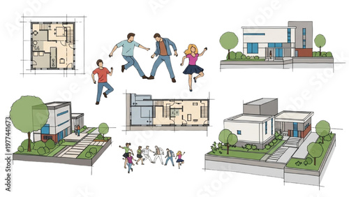 Children play outside modern buildings with vector CAD designs nearby
