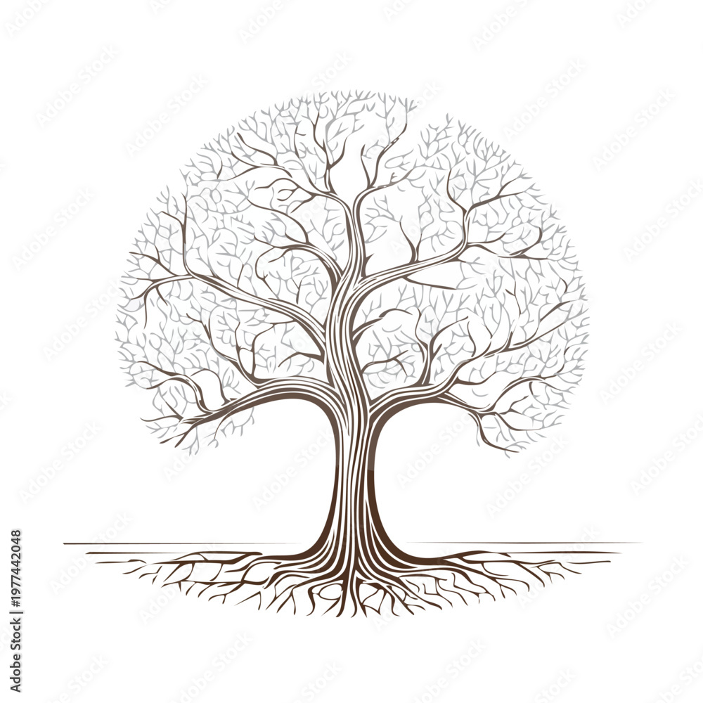 Fototapeta premium Illustration of a tree with bare branches and exposed roots providing essential scale elements