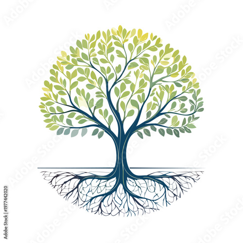 Vector illustration of a tree with green leaves and an extensive root system providing essential