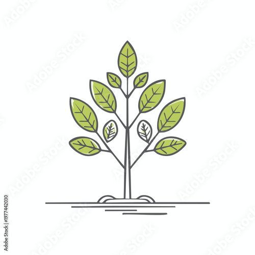 Minimalist illustration of a young plant growing from a simple line drawing of soil providing