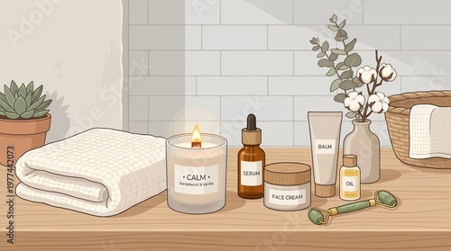 Illustrated Scene of a Tranquil Bathroom Counter with Natural Skincare Essentials, Aromatherapy Candle, and Wellness Tools for a Perfect Self-Care Ritual