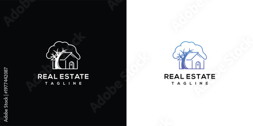 Modern Minimalist Real Estate House and Tree Line Art Logo Design