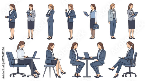 Businesswoman vector CAD illustrations in various office settings and poses
