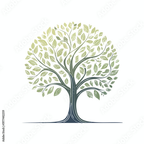 Stylized tree with green and yellow leaves on white background providing essential scale elements