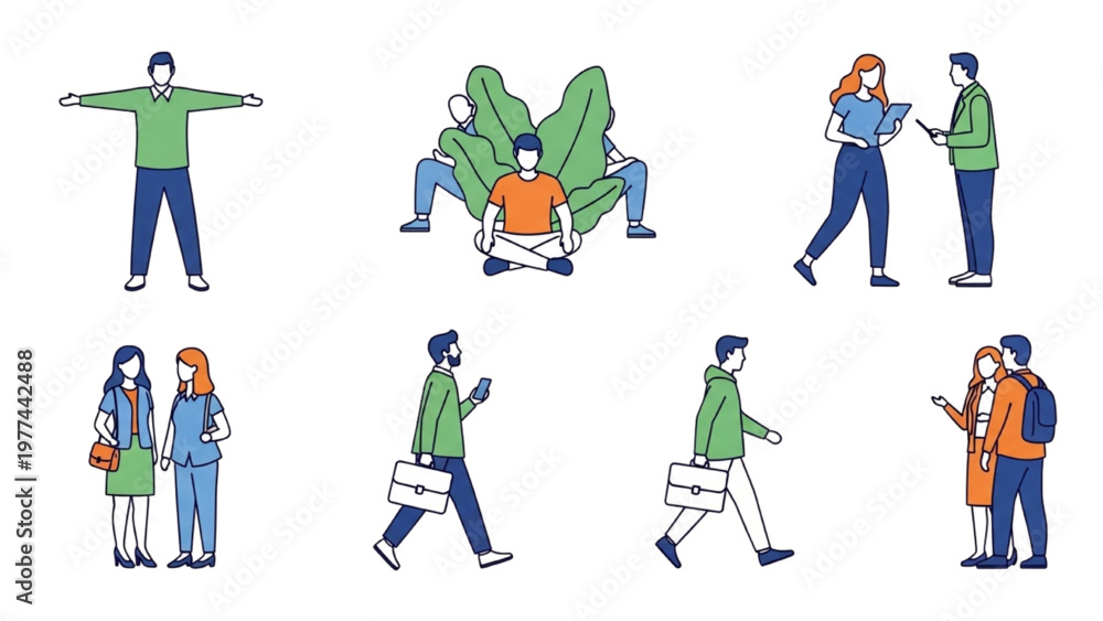 Fototapeta premium People interacting in a public space with vector CAD illustrations