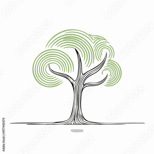 Abstract tree illustration with swirling green foliage providing essential scale elements