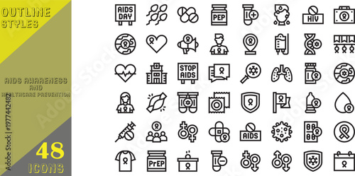 48 Modern AIDS Awareness and Healthcare Prevention Outline Icon Set