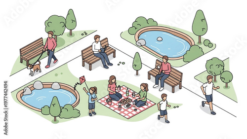 People enjoy outdoor picnic in a vector CAD designed public park with ponds and trees