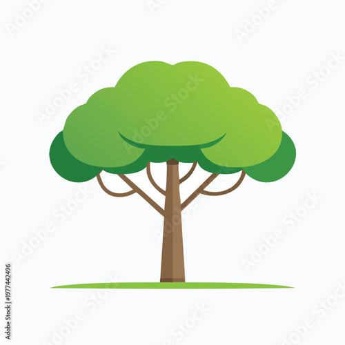 Green cartoon tree with rounded canopy and simple trunk on grass providing essential scale elements