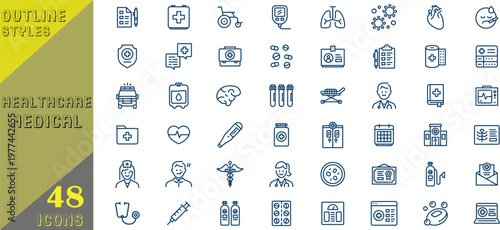 48 Professional Hospital and Medical Healthcare Outline Icons Collection