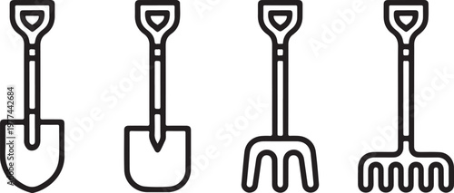 Garden Hand Tools Outline Icon Set of Vector design on transparent background.
