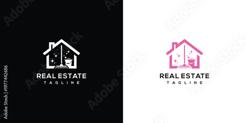 Real Estate and Cleaning Service Logo Concept with House Mop and Bucket Icon