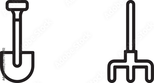 Garden Tools Illustration: A line art illustration showcases essential gardening implements, perfect for landscaping and horticulture, suggesting simplicity and functionality.