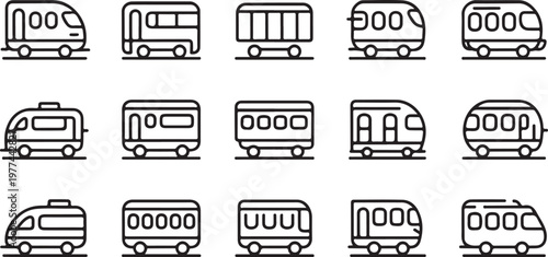 Transportation Icon Set: A comprehensive collection of various train illustrations, presented as clean line art icons, ideal for travel and transport concepts.