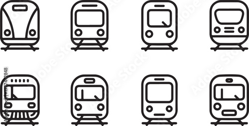 Train Silhouette Collection: A set of detailed train silhouettes, showcasing a range of rail transport designs from various angles, ideal for conveying transportation concepts.