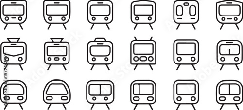 Variety of train illustrations in row: A collection of train illustrations. Different train faces showcase the diversity of public transport, symbolizing the journeys and connections across a city.