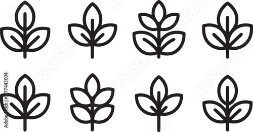 Leafy Array: An elegant design presenting a curated arrangement of eight minimalist leaf illustrations, each showcasing a simple, clean, and modern aesthetic.