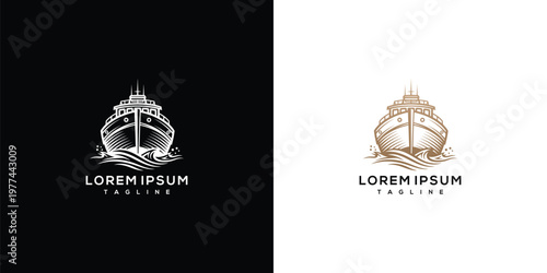 Vintage Cruise Ship Front View Logo Design on Waves for Travel and Maritime Branding