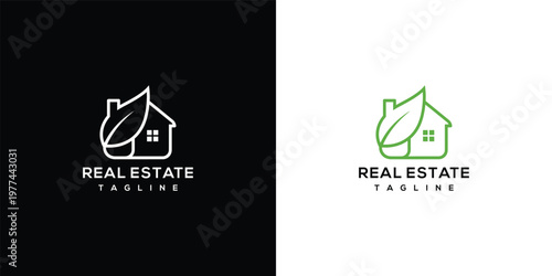 Green Real Estate Logo Design with House and Leaf Outline Icon