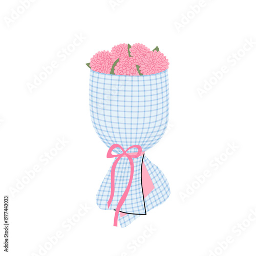 Bouquet of pink dahlia flowers wrapped in blue vichy checkered paper and bow. Flat vector elegant illustration for holiday greeting cards and invitations