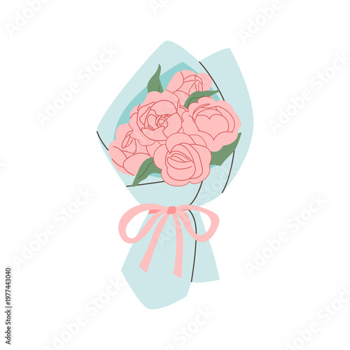 Bouquet with pink peony flowers wrapped in blue paper. Vector flat illustration of romantic floral gift. Botanical clipart for greeting cards, posters, and invitations