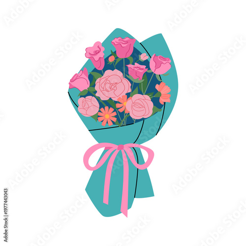 Bouquet with white elegant pink flowers and leaves. Vector flat illustration of roses, peonies and gerbera flowers wrapped in paper and bow