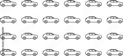 Array of Cars in Row: An overhead view showcases a grid of monochrome cars, meticulously arranged, emphasizing repetition and order, representing transportation.