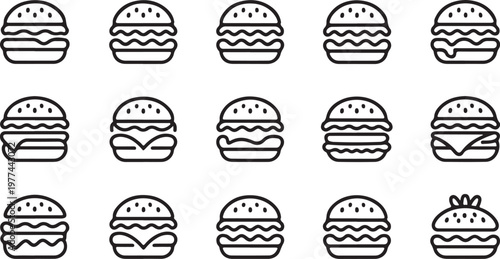 Burger Lineup: A delectable array of burger illustrations showcases the variety of burger designs. This image is a celebration of the beloved burger.