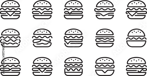 Burgers Icon Set: A collection of various burgers, each unique in its arrangement of ingredients and style, presented in a minimalist, outline format for diverse applications.