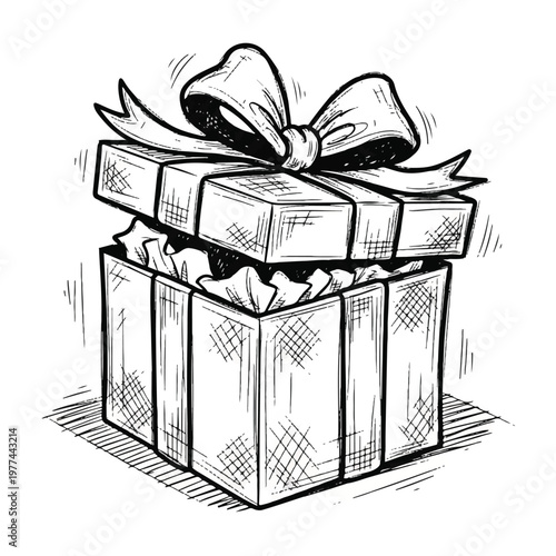 Hand-drawn gift box wrapped with ribbon and paper on white background, festive and decorative presentation.