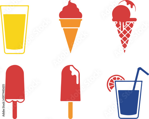 Set of summer cold drinks and ice cream icons