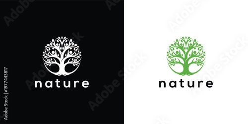 Circular Tree of Life Nature Logo Design on Black and White Backgrounds