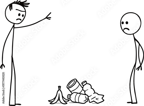 Angrily pointing at another stick figure who has just thrown trash on the ground