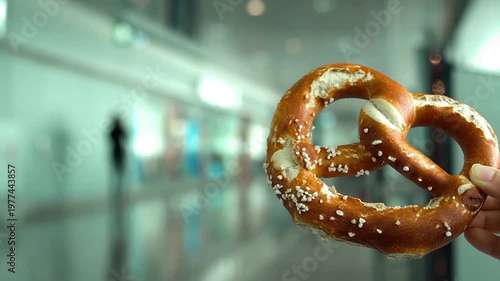 Holding a pretzel at the airport terminal while waiting for a flight