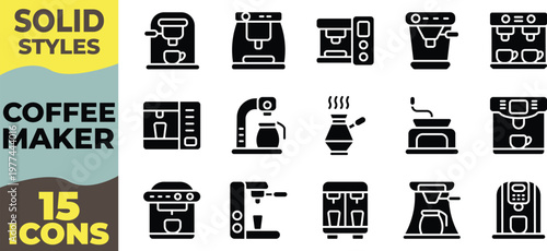 15 Coffee Maker and Espresso Machine Solid Icon Set