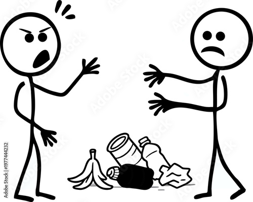 Angrily pointing at another stick figure who has just thrown trash on the ground