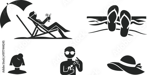 Summer vacation icons set, beach relaxation and travel elements