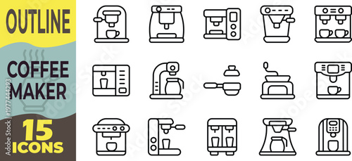 15 Coffee Maker and Espresso Machine Outline Icon Set