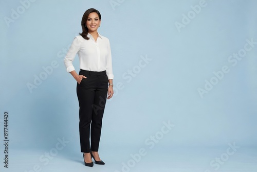 Woman stands by light blue wall wearing black pants and a white shirt with hands in pockets during a studio session