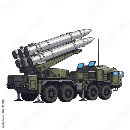 Military Rocket Launcher Vehicle Equipped with Missile System and All-Terrain Transport Capabilities.