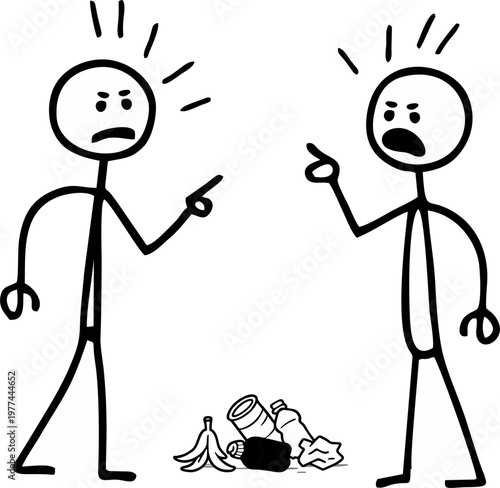 Angrily pointing at another stick figure who has just thrown trash on the ground