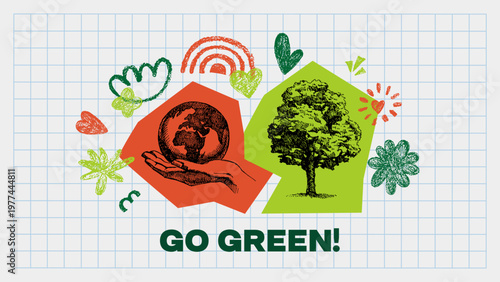 Hand drawn vintage eco-friendly collage banner with doodle sketch elements. Vector isolated ecology illustration